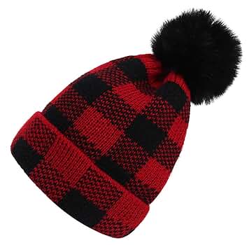 Women Red-Plaid-Buffalo Beanie-Hat Pom-Stretch-Knit - Winter